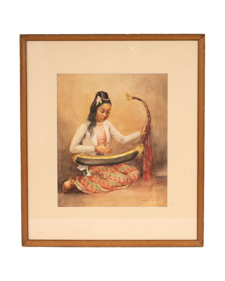 Lot 589: U Ngwe Gaing Burmese Watercolor, Lady Playing the Saung Harp