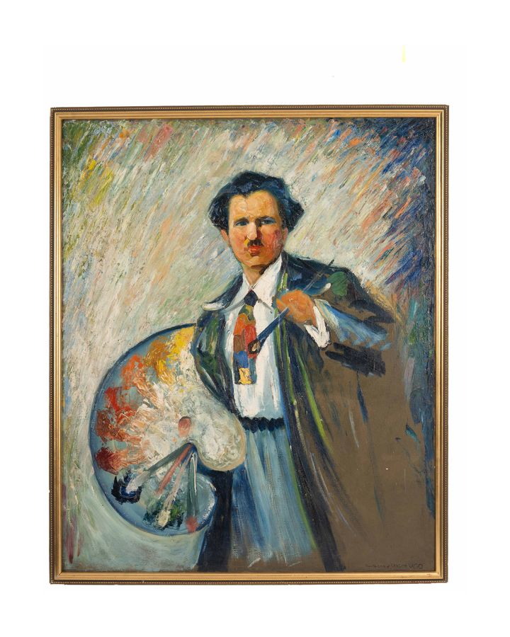 Lot 599: Sandro Vago Portrait of an Artist with Palette, Oil on Canvas