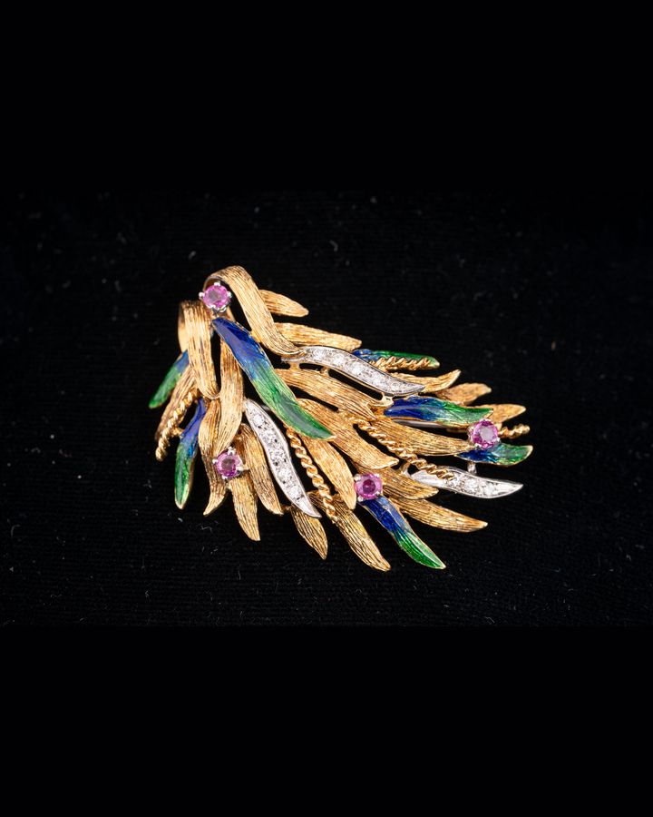 Lot 691: 18K Gold Enamel Ruby and Diamond Spray Brooch, Italy