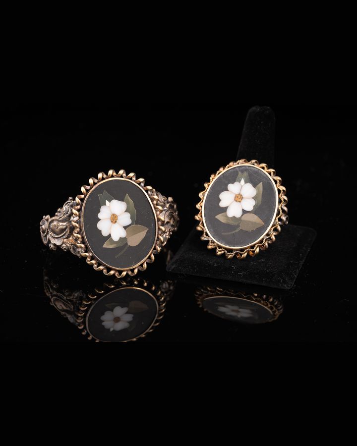 Lot 701: 14K Gold Pietra Dura Floral Mosaic Bracelet and Matching Brooch