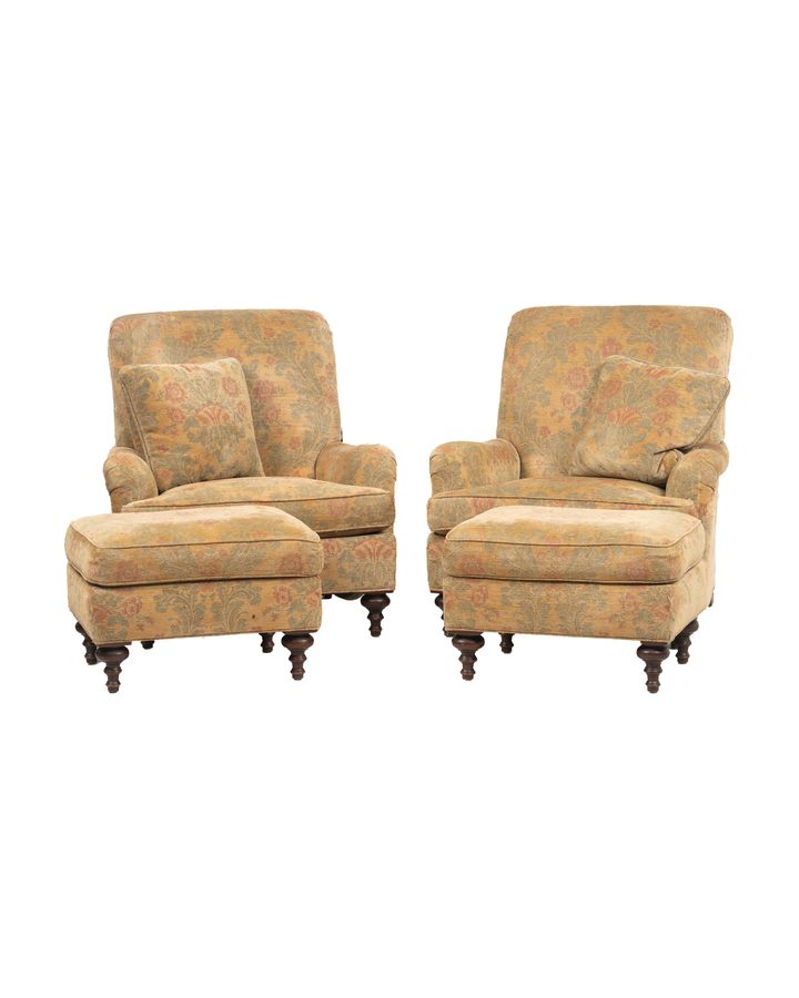 Lot 764: Pair Charles Stewart English Style Floral Damask Lounge Chairs with Ottomans