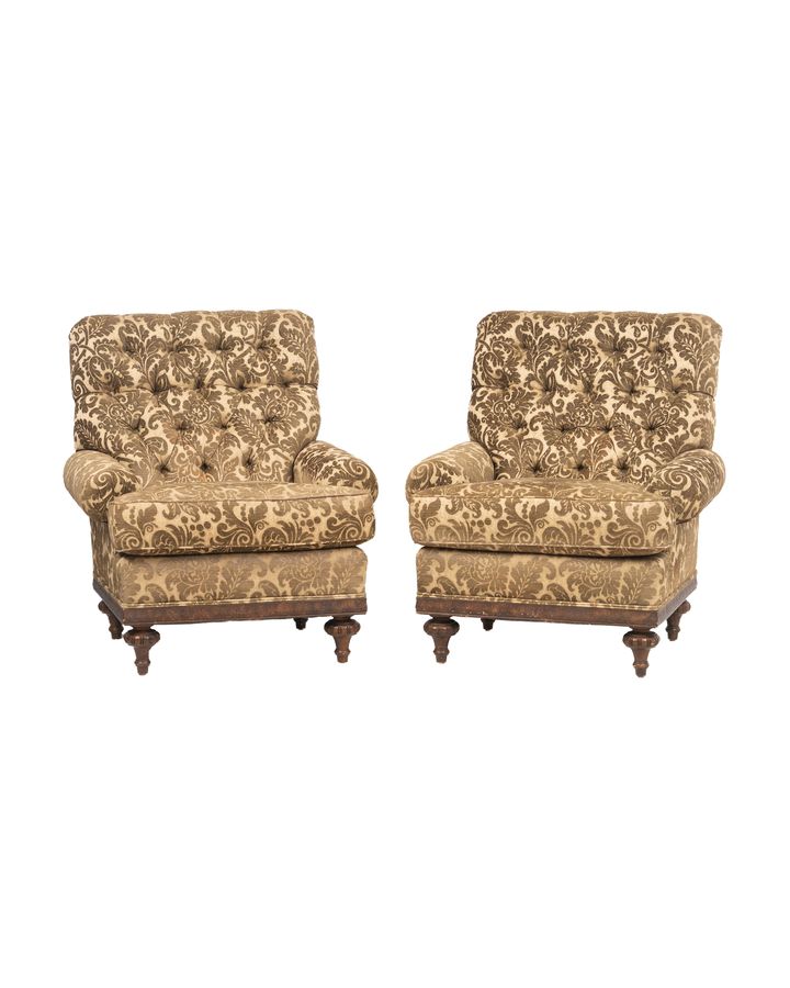 Lot 765: Pair Kravet English Style Tufted Damask Club Chairs