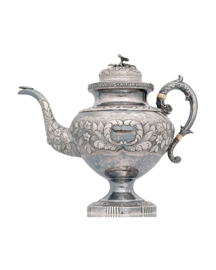 Lot 121: James Thomson New York Coin Silver Teapot, Botanical Repoussé, Circa 1837