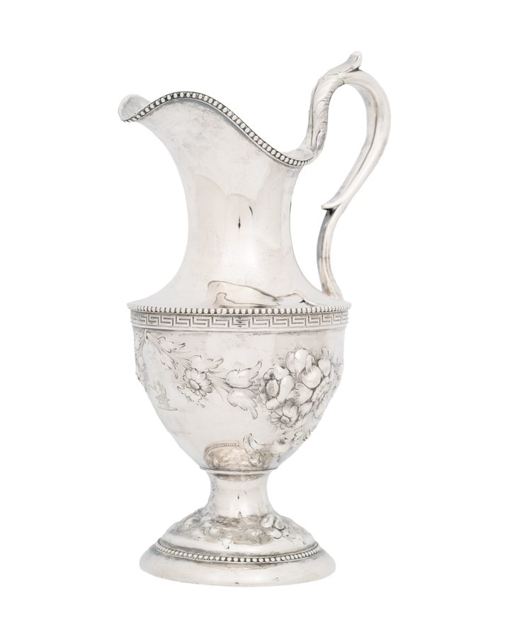 Lot 133: Jones, Ball & Co. Coin Silver Water Pitcher, Greek Key and Floral Repoussé