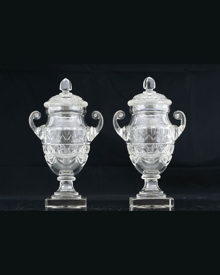 Lot 167: Pair Bakewell Cut Glass Covered Urns with Scroll Handles, Circa 1820s