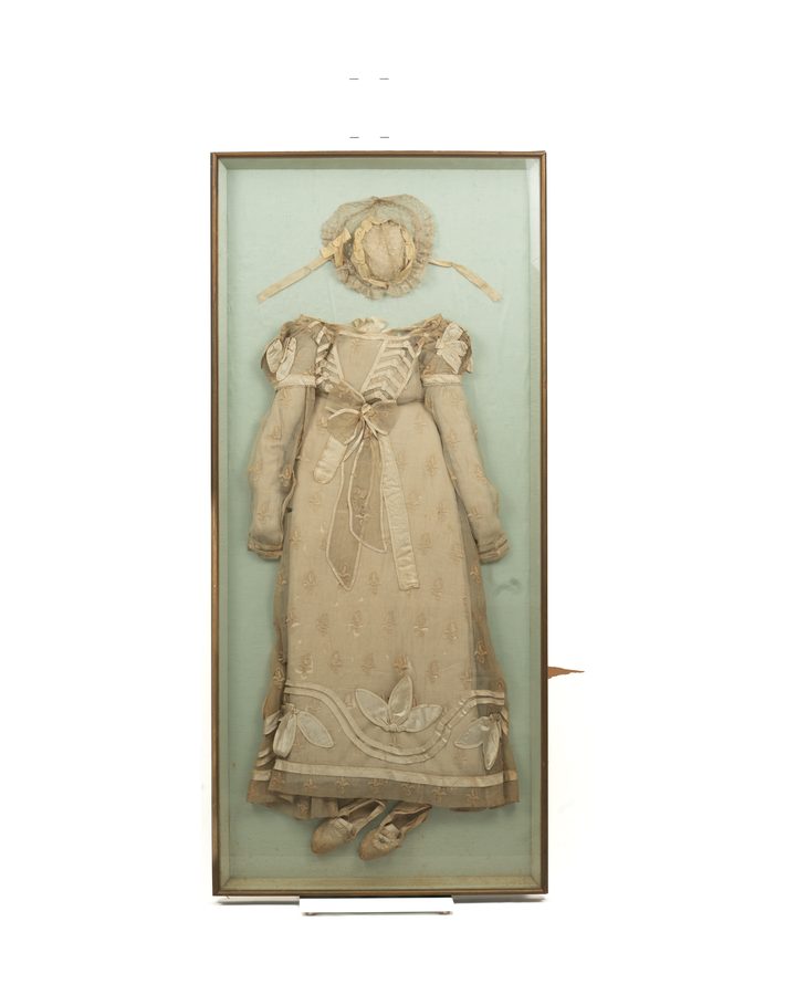 Lot 25: Elizabeth Ann Robeson McKenzie Empire Wedding Dress with Slippers and Bonnet, 1826