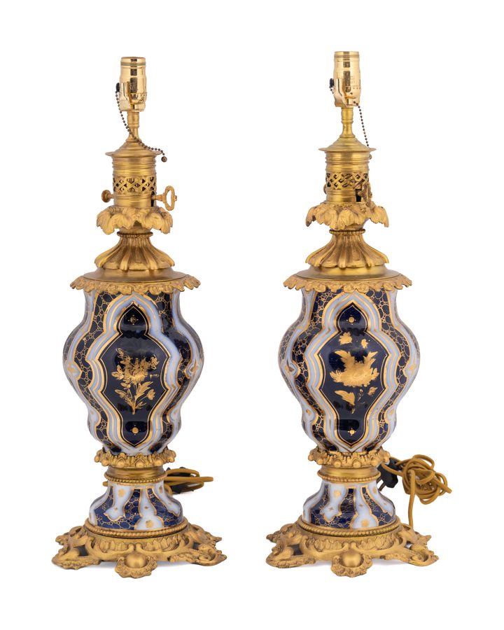 Lot 288: Pair Sèvres Cobalt Blue Porcelain and Gilt Bronze Lamps