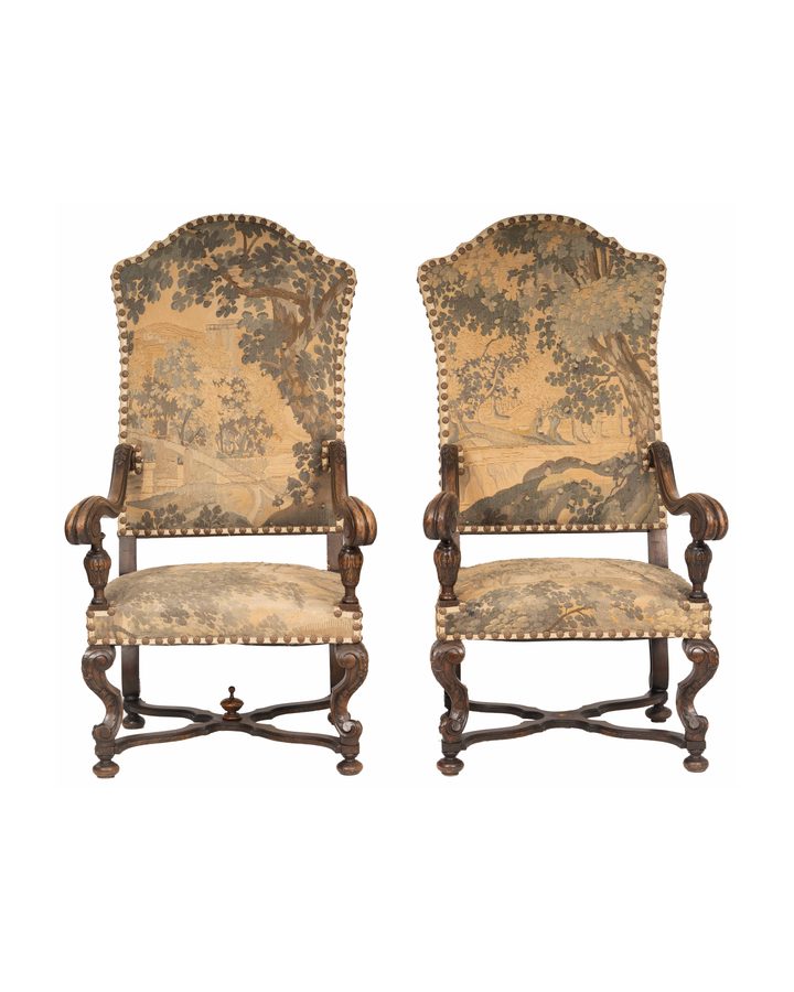 Lot 348: Pair Continental Carved Walnut Throne Chairs with Aubusson Upholstery