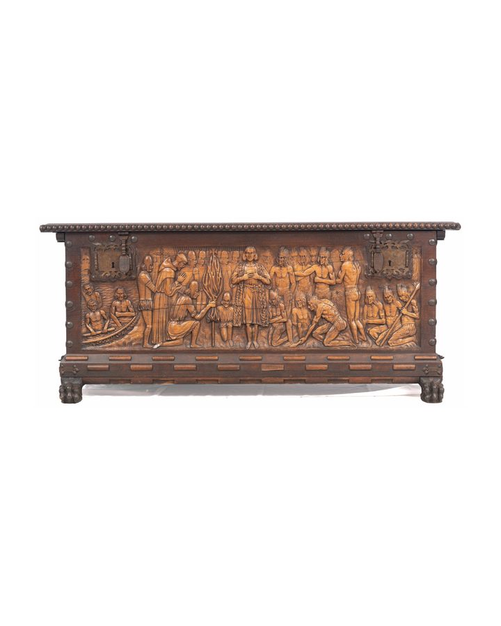 Lot 350: Spanish Renaissance Carved Wedding Chest with Wrought Iron Handles