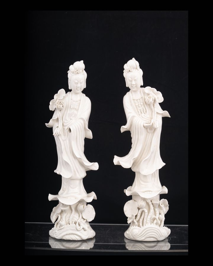 Lot 363: Pair Chinese Blanc de Chine Porcelain Guanyin Figures