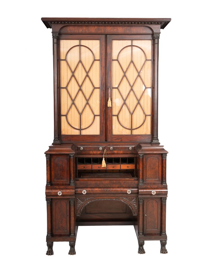 Philadelphia Classical Mahogany Cylinder-Front Secretary Bookcase, Attributed to Anthony G. Quervelle, Circa 1825