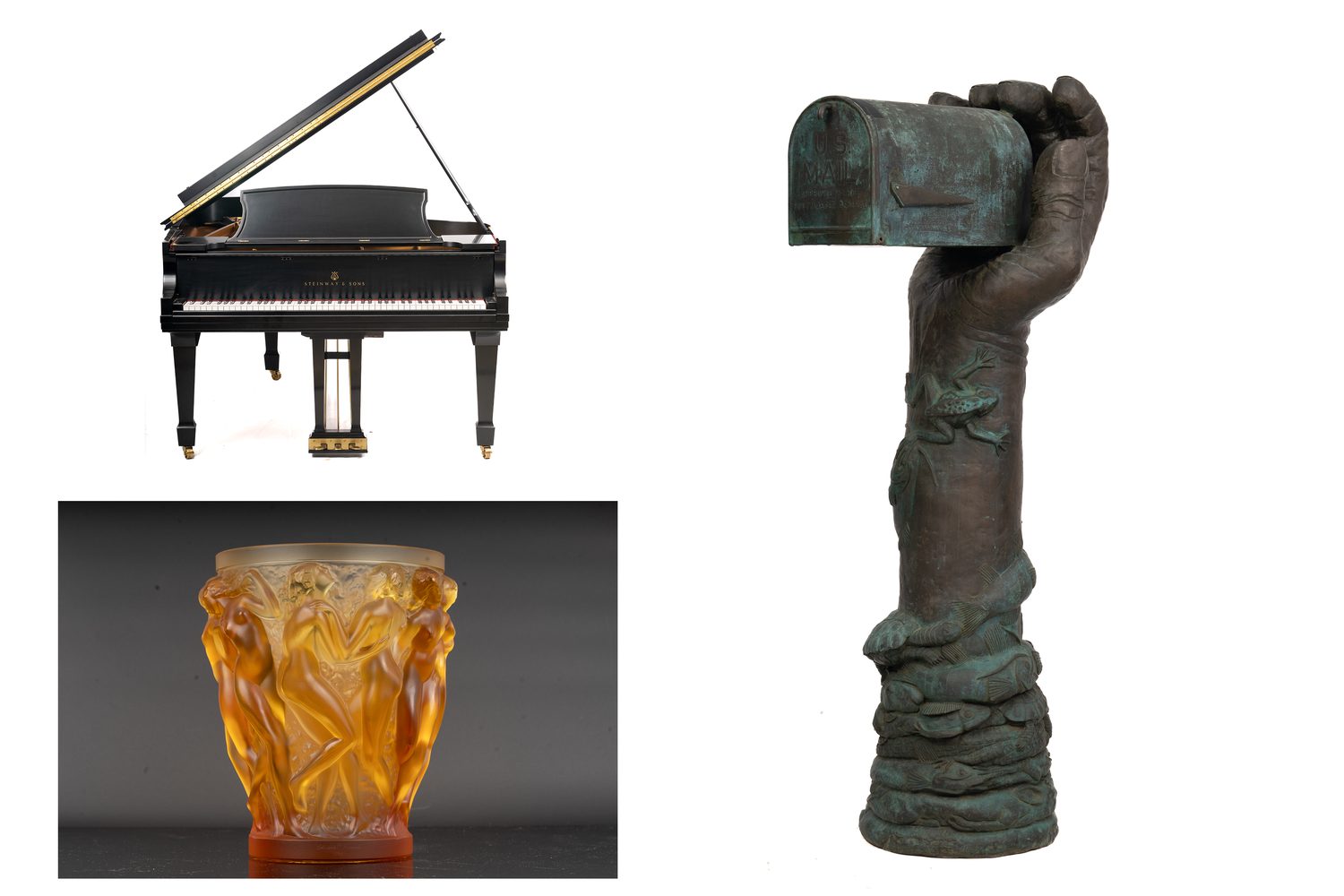 Steinway grand piano, Frank Fleming bronze mailbox sculpture and Lalique glass vase