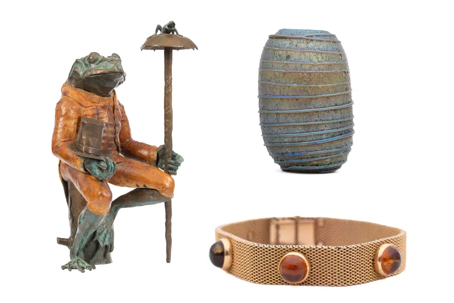 Frank Fleming bronze frog sculpture, art glass vase and gold citrine bracelet