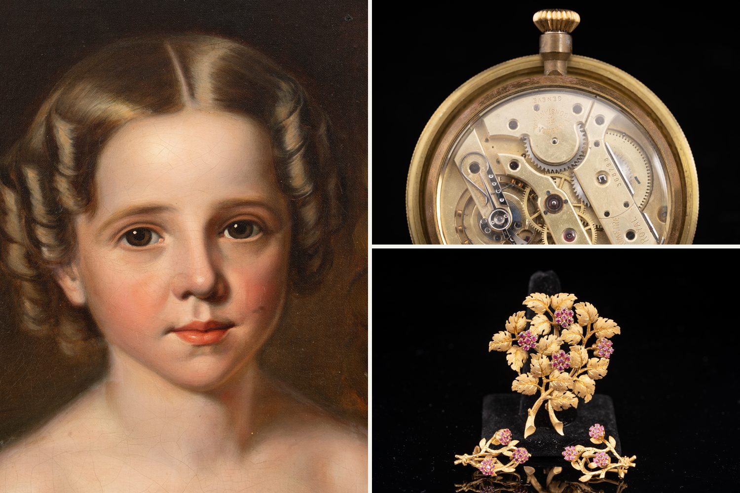 A 19th-century portrait, a Vacheron Constantin watch movement and a gold and ruby brooch