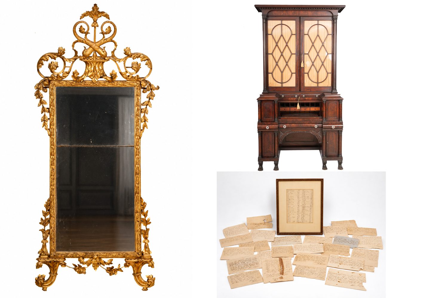 Giltwood mirror, mahogany secretary bookcase and historic documents offered at auction