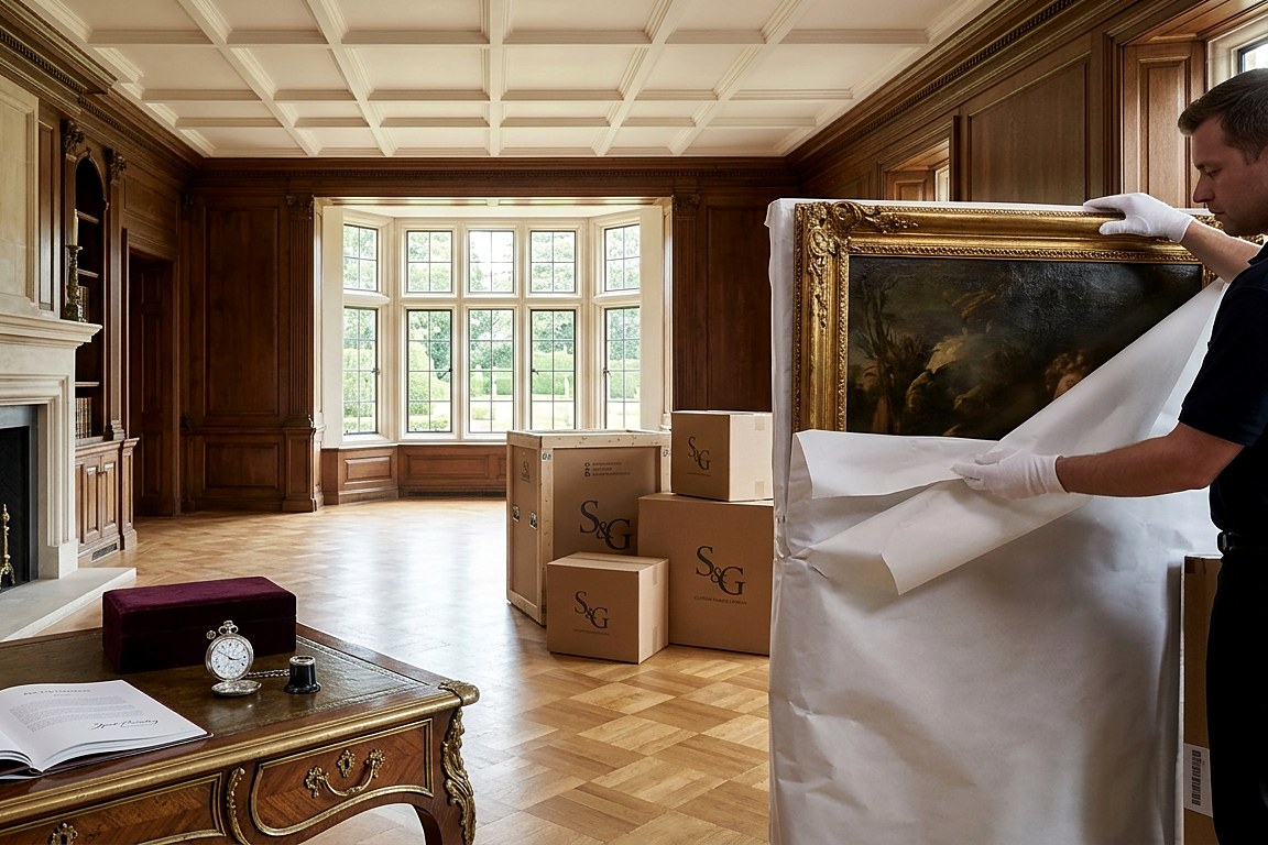 Fine art being carefully wrapped in the paneled library of a grand estate
